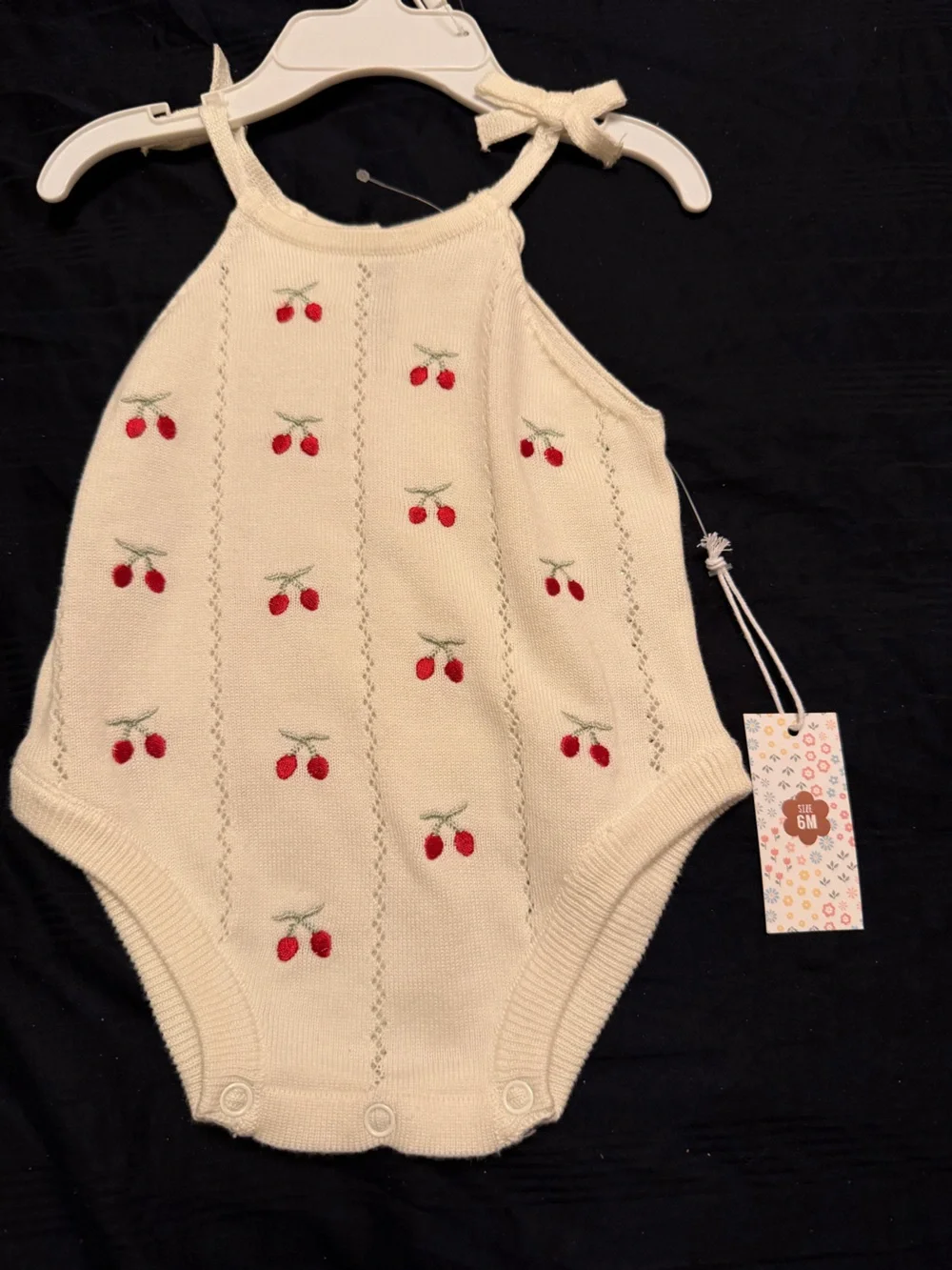 Cream Knit Cherry-Embroidered Baby One-Piece Romper by Between
